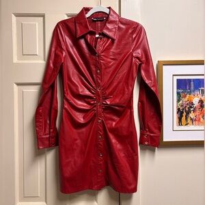 Zara Red Faux Leather Button Up Long Sleeve Shirt Dress